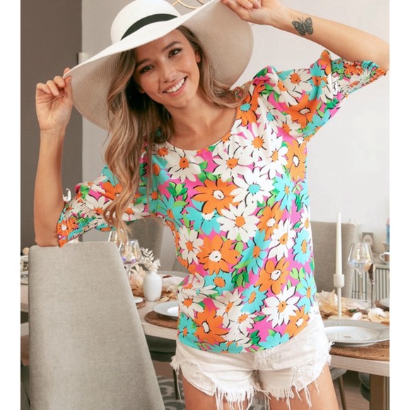 RESTOCK! Multicolor Floral Puff Smocked Sleeve Top! - Picture 4 of 15
